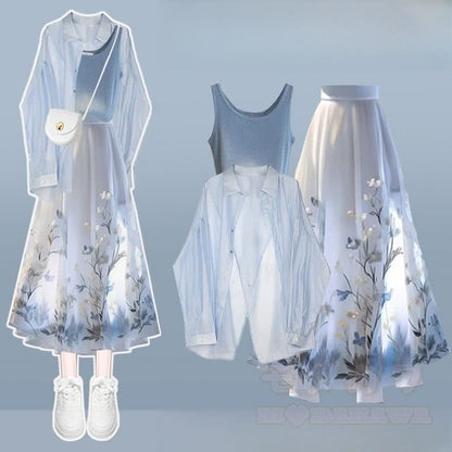 Shirt Horse-face Three Skirt Set Pieces Crop Irregular Top Flower