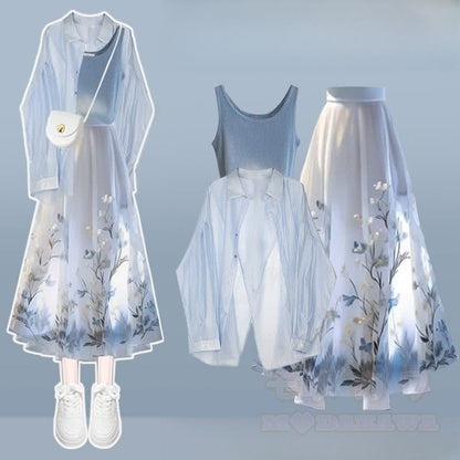 Shirt Horse-face Three Skirt Set Pieces Crop Irregular Top Flower