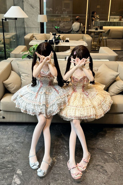 Blue Floral Letters Song Sleeveless Triple-Layered Bow Lace-Up Sweet Lolita Jsk Dress