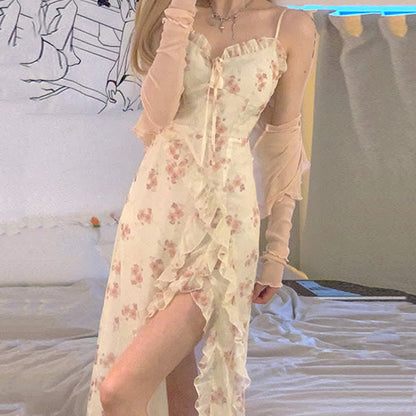 Dress Print Set Cardigan Floral Slip Split Elegant