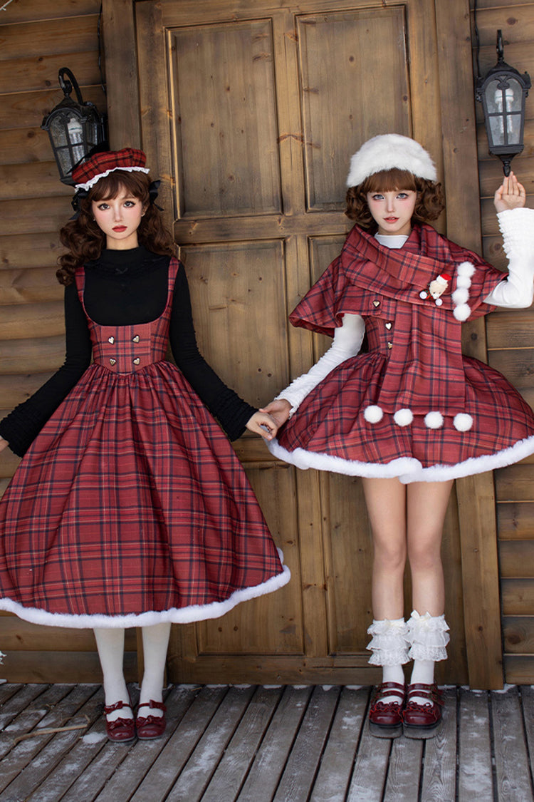 Crimson Striped Tartan Print Autumn Winter Fishbone Sweet Corset Lolita Dress