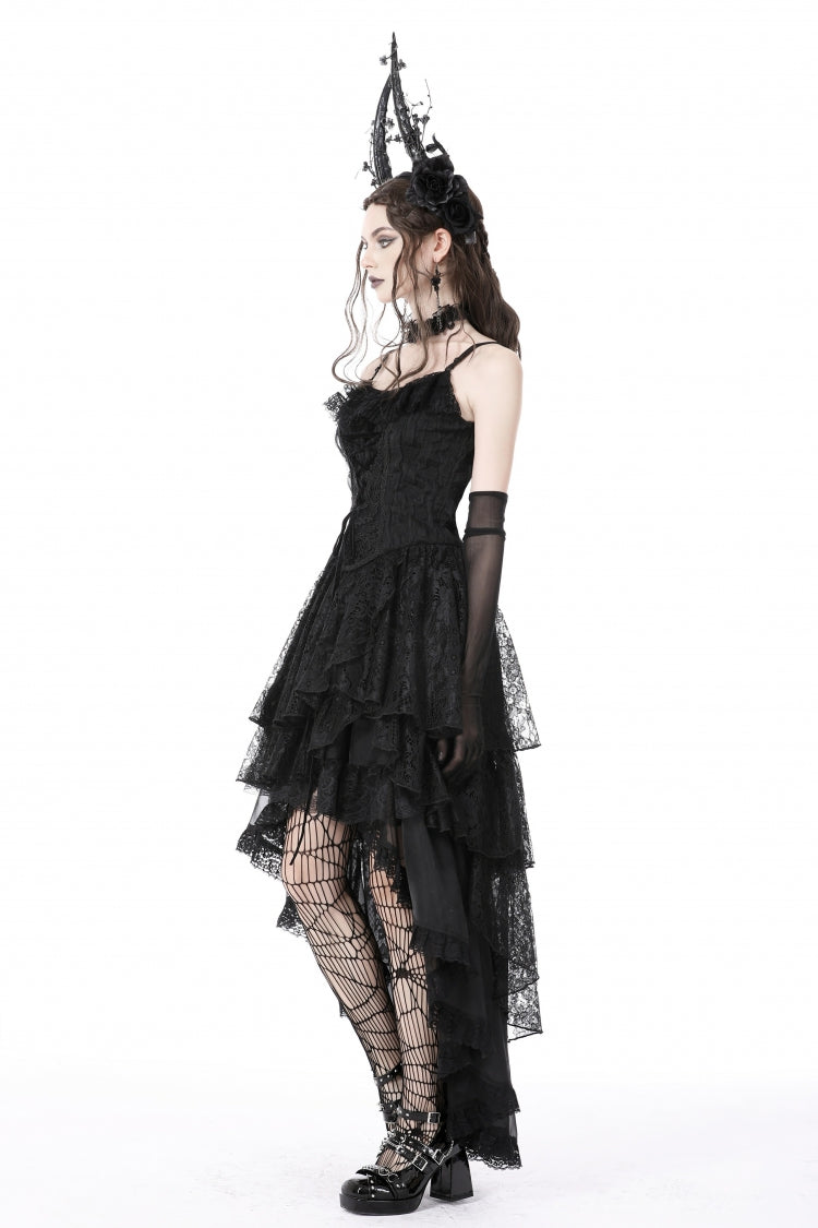 High-Low Multi-Layer Lace Gothic Slip Dress with Lacing - NoirEdge