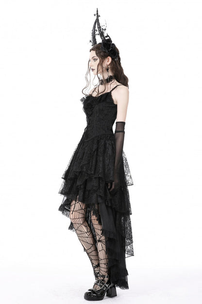High-Low Multi-Layer Lace Gothic Slip Dress with Lacing - NoirEdge