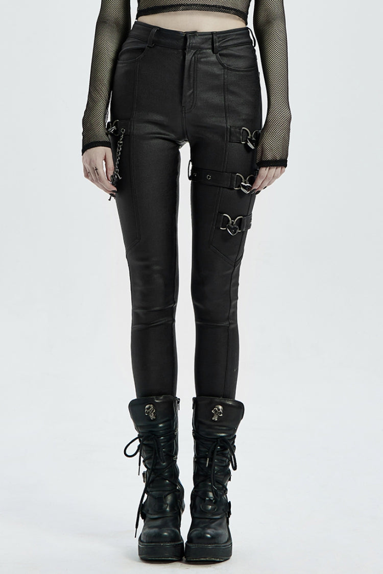 Women's Steampunk Pants with Metal Love Lock Buckles in Black Faux Leather