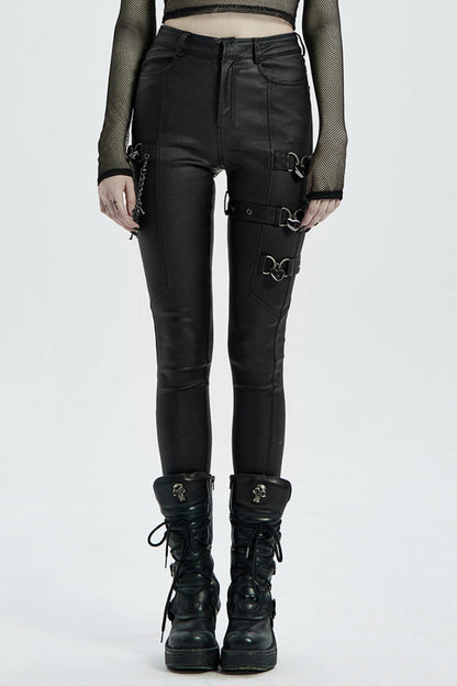 Women's Steampunk Pants with Metal Love Lock Buckles in Black Faux Leather