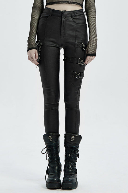 Women's Steampunk Pants with Metal Love Lock Buckles in Black Faux Leather