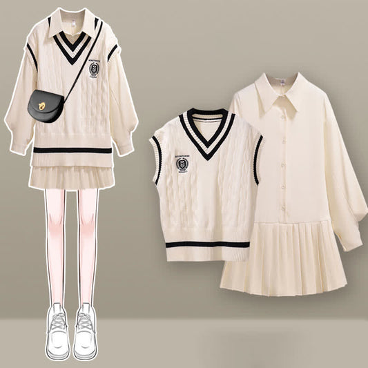 Preppy-Stil Strickweste Revers Krawatte Plissee Hemdkleid Set