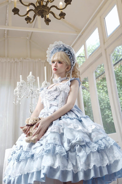 Blue Super Cute Belia Sleeveless Triple-Layered Ruffle Bowknot Lace Sweet Elegant Lolita Jsk Dress