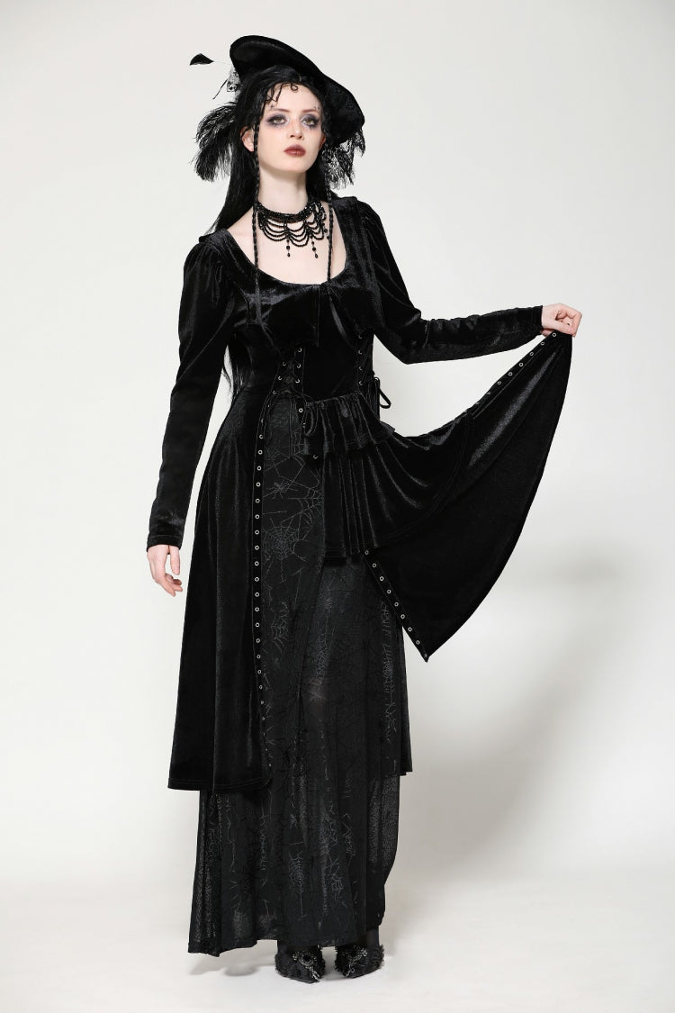 Coal Eyelet Side Slit Gothic Maxi Gown with Long Sleeves