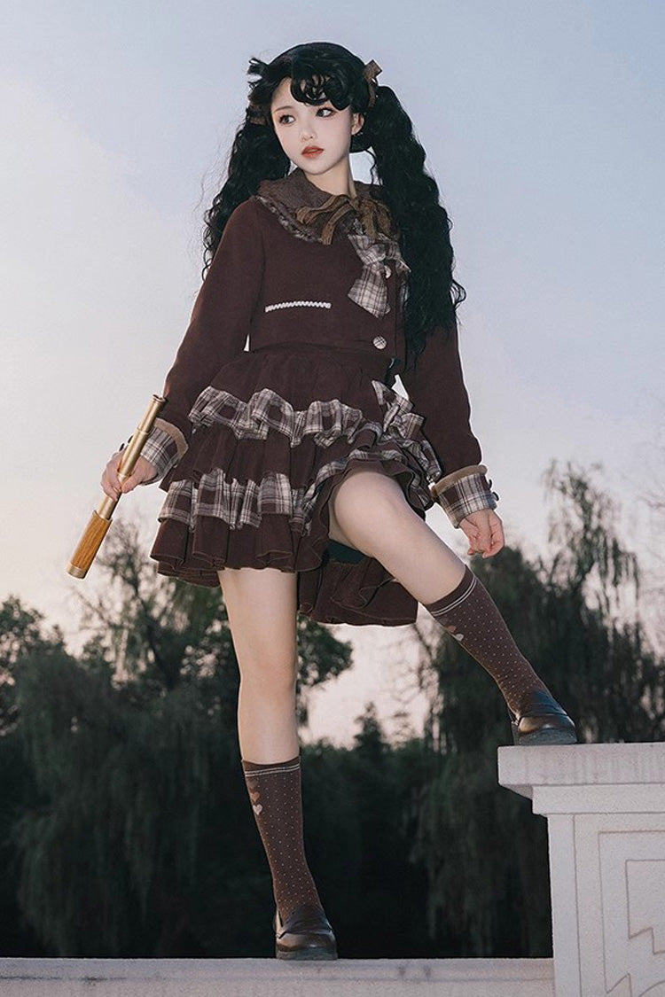Dark Brown Multi-Layer Bowknot College Style Autumn Winter Princess Sweet Lolita Set