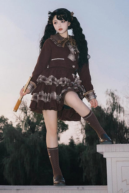 Dark Brown Multi-Layer Bowknot College Style Autumn Winter Princess Sweet Lolita Set