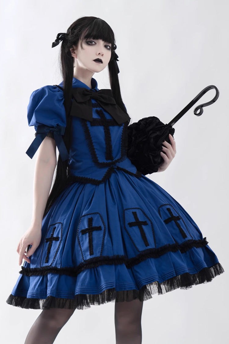 Blue Cross Short Puff Sleeves Two-Piece Gothic Lolita Dress