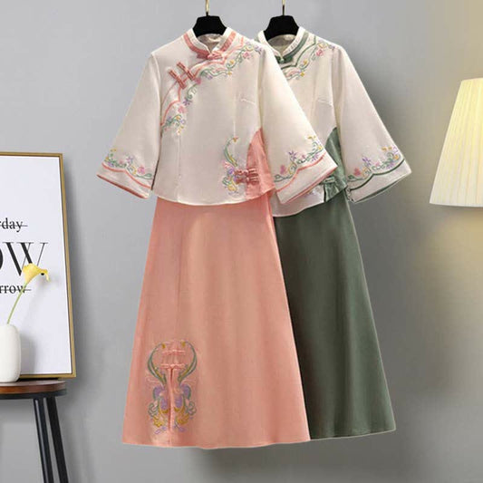 Floral Embroidery Buckle Vintage Top Skirt Set SP19689