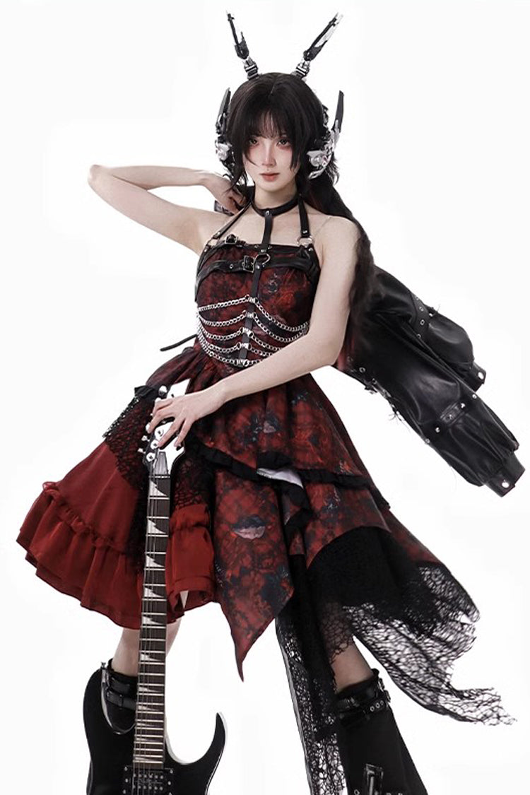Sleeveless Printed Gothic JSK Dress with Asymmetric Ruffled Lace - Strawberries of Blood and Tears