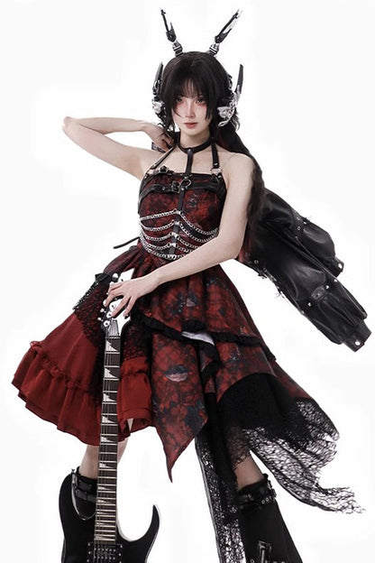 Sleeveless Printed Gothic JSK Dress with Asymmetric Ruffled Lace - Strawberries of Blood and Tears