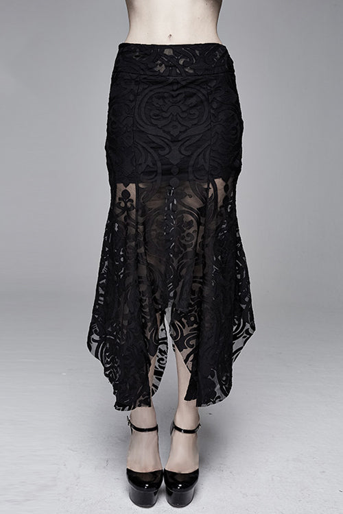Court Flocking Printed Mesh Fishtail Asymmetric Black Gothic Skirt