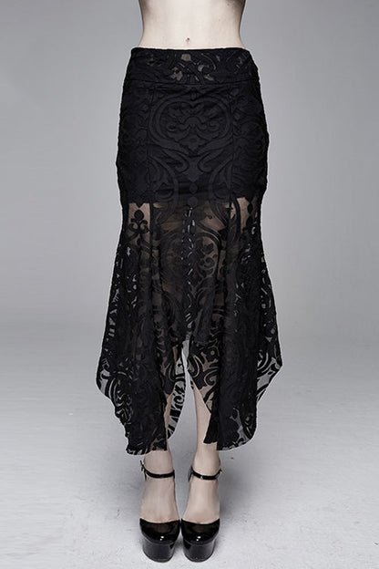 Court Flocking Printed Mesh Fishtail Asymmetric Black Gothic Skirt