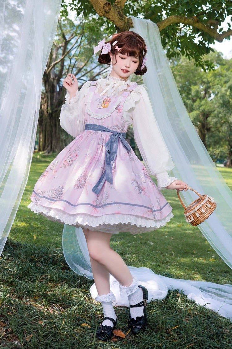 Rose Sleeveless Print Ruffle Bow Daily Sweet Lolita Strap Gown - Lily of the Valley Rabbit