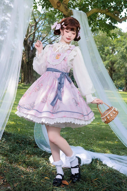 Rose Sleeveless Print Ruffle Bow Daily Sweet Lolita Strap Gown - Lily of the Valley Rabbit