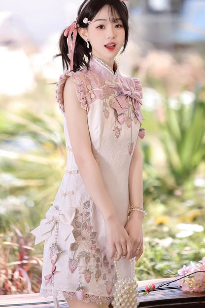 Lace Color-Blocked Chinese Style Sweet Dress - White/Pink Spring Strawberry