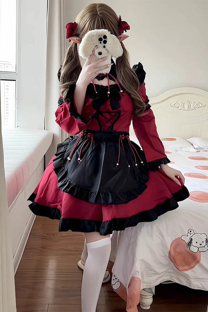 Black and Crimson Maid Long Sleeves Ruffle Bow Gothic Lolita Ensemble
