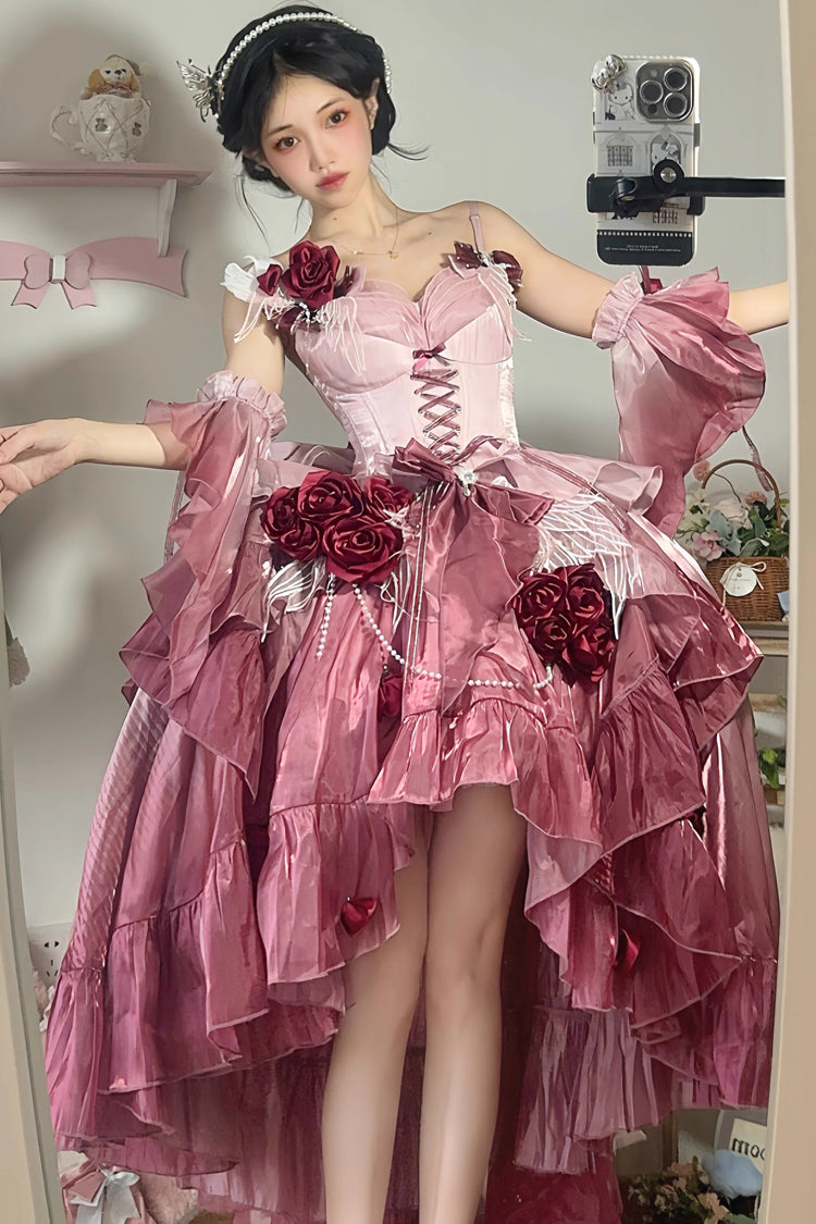 Plum Red Embroidery Lace-Up High-Low Sweet JSK Dress