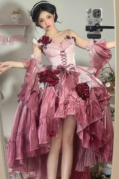 Plum Red Embroidery Lace-Up High-Low Sweet JSK Dress