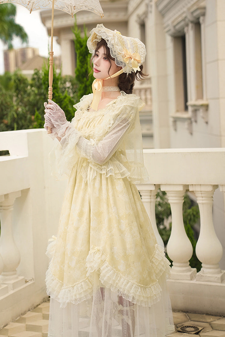 Golden Square-Collar Short-Sleeve Ruffled Lace Long Gown