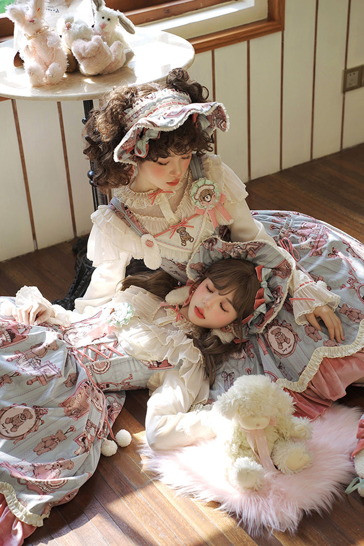 Pink/Green Sweet Lolita Bear Doll Print Ruffle Embroidery JSK Dress