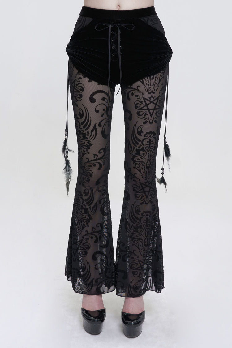 Gothic Women's Long Flared Trousers with Faux Two-Piece Feather Pendant and Mesh Side Panels