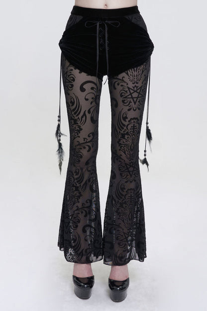Gothic Women's Long Flared Trousers with Faux Two-Piece Feather Pendant and Mesh Side Panels