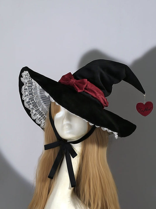 Black Red Bow with Lace Halloween Witch Hat