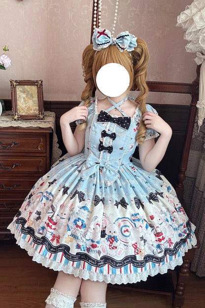 Square-Neck Ruffle Bow Dress with Lace and Print