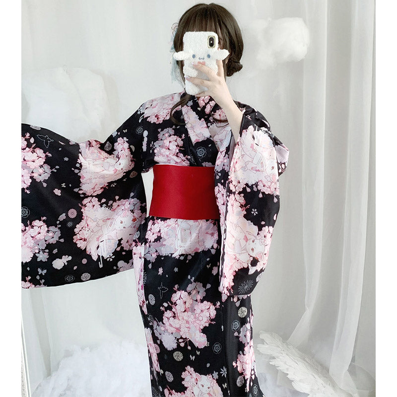 Robe kimono vintage à imprimé chat Sakura