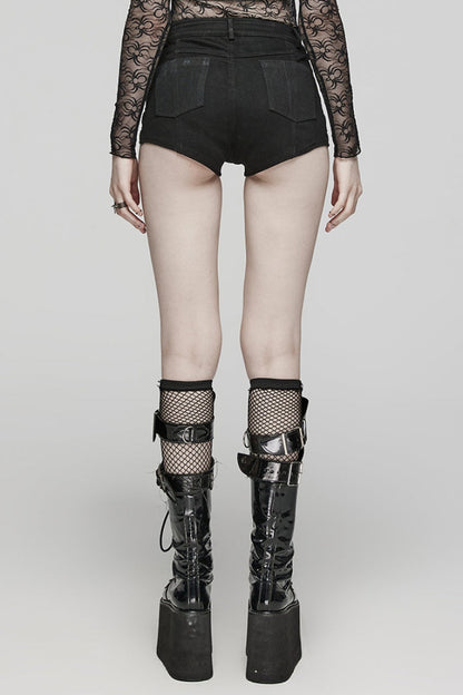 Punk Women's Ring Shorts with Faux Leather Stitching Mesh and Eyelet