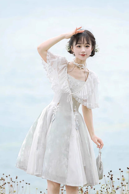 White Summer Dream Lotus Sleeveless Chinese-Style Sweet Qi Lolita JSK Dress