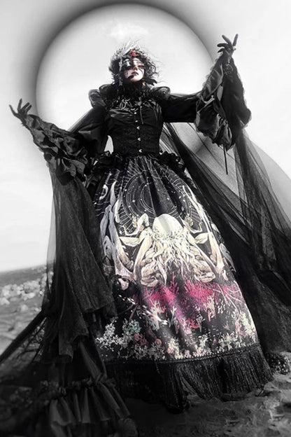 Long Hime Sleeves Gothic Skirt Dress Set with Printed Lace - Reborn Ancient God