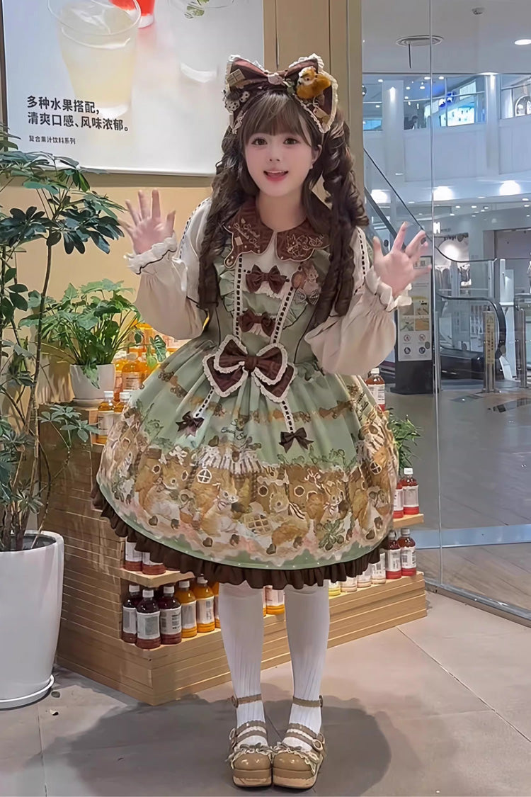 Emerald Doll Collar Long-Sleeve Bow Lolita Dress - Squirrel Chocolate
