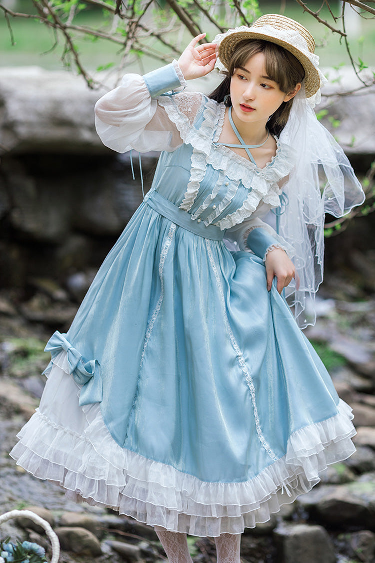 Blue Hanayome Sweet Lolita OP Dress with Lace and Ruffled Sleeves