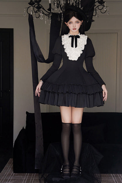 Stand Collar Double-Layered Ruffle Gothic Dress