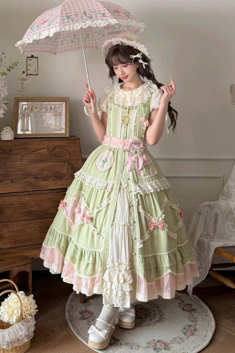 Emerald Pastoral Ruffled Bow Lolita JSK - Tulip Blossom Field