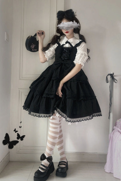 Gothic Lolita JSK Dress with Triple-Layered Ruffles Bowknot and Lace in First Love Theme