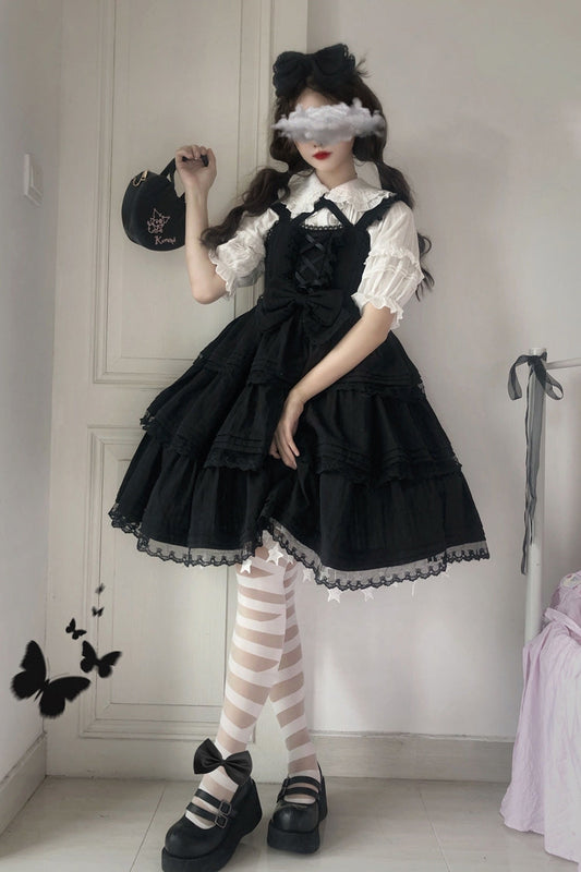 Gothic Lolita JSK Dress with Triple-Layered Ruffles Bowknot and Lace in First Love Theme