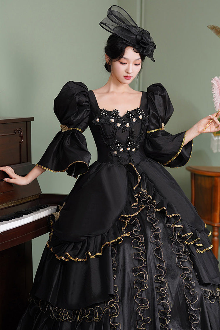 Square Collar Gothic Victorian Dress with Half Trumpet Sleeves and Ruffled Open-Front