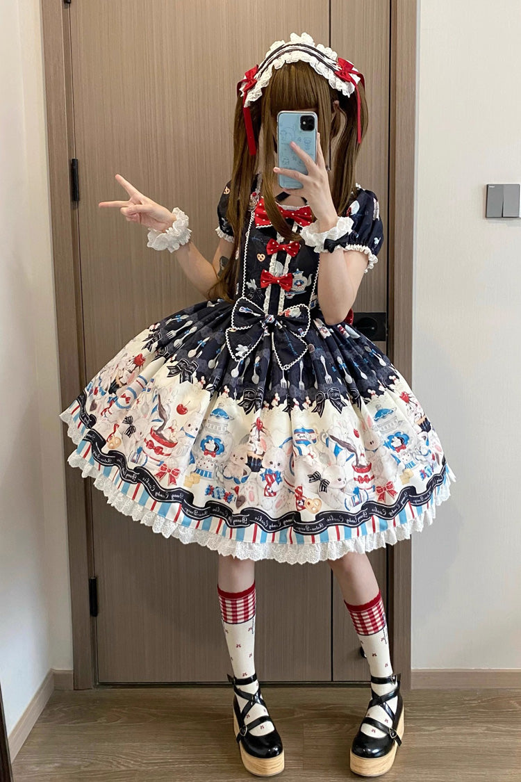 Square Collar Printed Bowknot Lace Sweet Dress