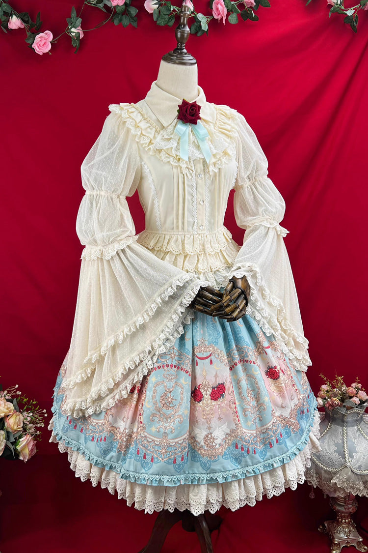 Ruffle-Embroidered Palace Skirt with Lace and Print