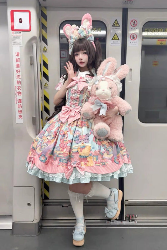 Blue Pink Rainbow Buffy Bunny Sleeveless Double Layer Ribbon Doll Print Ruffle Bow Sweet Lolita JSK Set