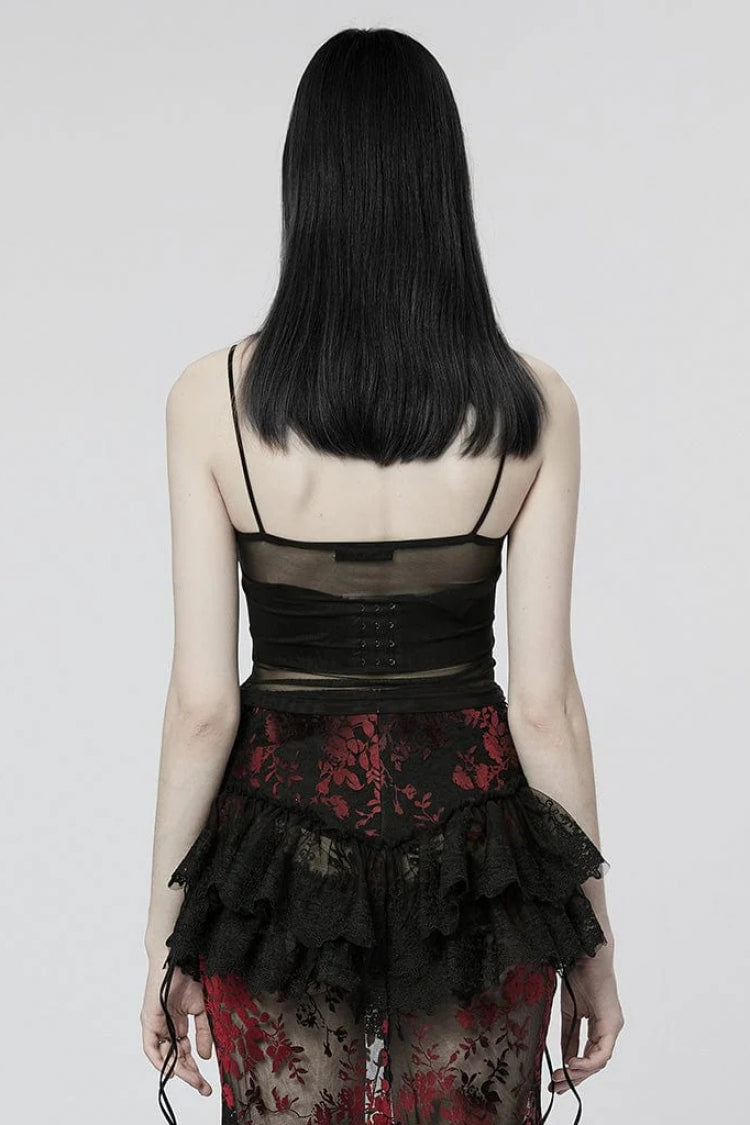 Sheer Lace Trim Gothic Sleeveless Sling Top in Black - NoirEdge