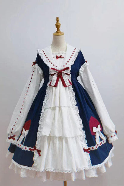 Blue OP Dress Sweet Lolita Round Collar Bowknot Long Sleeves - Altfashion Shop