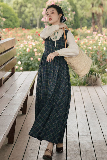 Dark Green Vintage Classic Lolita Dress with Plaid Print and Embroidery